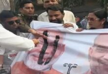 Congress protests in Raipur over the National Herald case: Black paint smeared on Modi-Shah posters, barricades broken as protesters attempt to surround the BJP office.