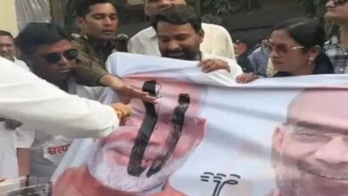 Congress protests in Raipur over the National Herald case: Black paint smeared on Modi-Shah posters, barricades broken as protesters attempt to surround the BJP office.