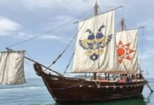 Built using 2000-year-old technology, INSV Kaundinya sets sail from Porbandar to Oman.