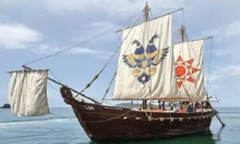 Built using 2000-year-old technology, INSV Kaundinya sets sail from Porbandar to Oman.