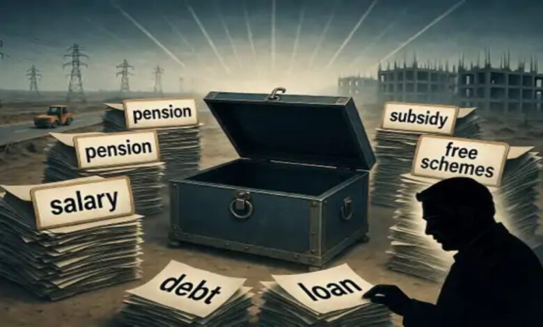 States' deteriorating financial health: Up to 80% of revenue spent on salaries, pensions, and free schemes, leaving no money for development.