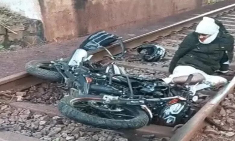 A motorcyclist fell 40 feet from a bridge onto the train tracks; the loco pilot applied the emergency brakes and saved his life.