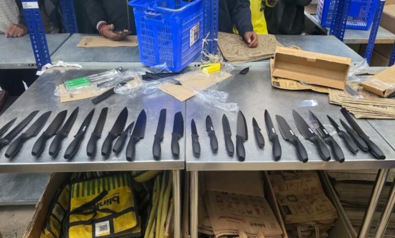 Police raid e-commerce warehouses, seize knives, and issue warnings to managers.