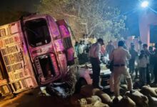 Paddy-laden truck overturns on car, one dead, two injured