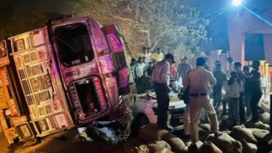 Paddy-laden truck overturns on car, one dead, two injured