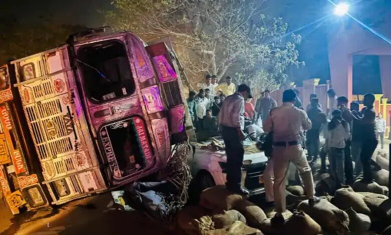 Paddy-laden truck overturns on car, one dead, two injured