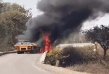 Two trucks collide, driver burns to death
