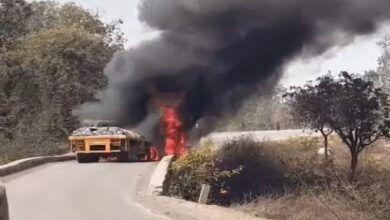 Two trucks collide, driver burns to death