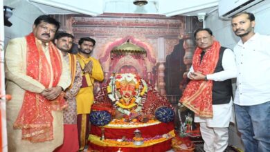 Chief Minister Sai bows at the feet of Mata Kaushalya.