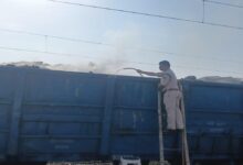 Fire breaks out in a coal-laden freight train on the Chhattisgarh-Madhya Pradesh border; brought under control after hours of effort.