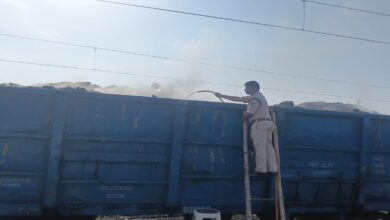 Fire breaks out in a coal-laden freight train on the Chhattisgarh-Madhya Pradesh border; brought under control after hours of effort.