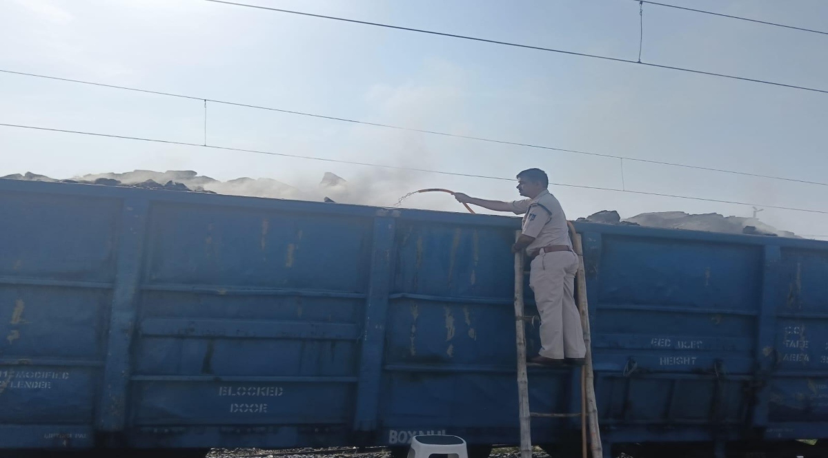 Fire breaks out in a coal-laden freight train on the Chhattisgarh-Madhya Pradesh border; brought under control after hours of effort.