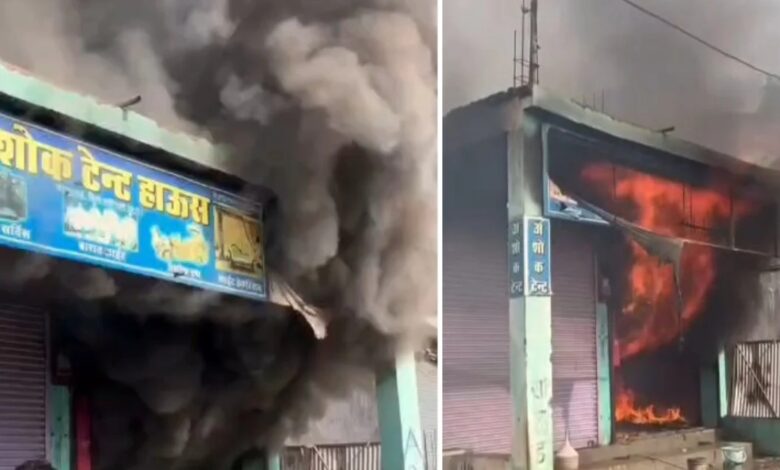 Massive fire breaks out at a tent house and furniture shop.