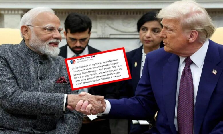 PM Modi breaks Nehru's record; world leaders, including Trump, extend congratulations.
