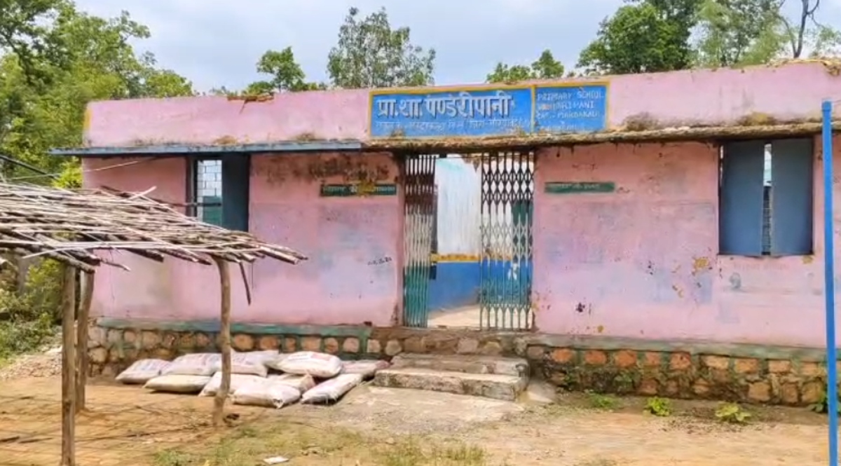 School building incomplete for a year; children forced to study under a thatched roof.