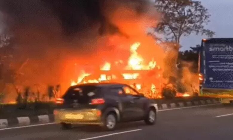 Sleeper bus catches fire: Driver's presence of mind saves 23 passengers, entire bus gutted