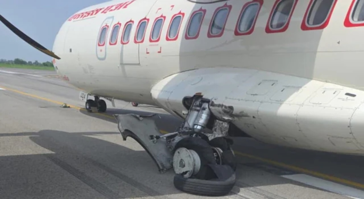 Major accident averted at airport: Alliance Air flight tire bursts during landing.