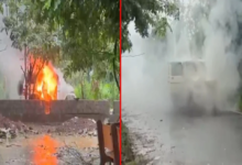 Massive fire breaks out in police vehicle; personnel jump to safety, averting a major tragedy.
