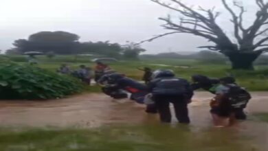 Teachers escorting children to school across a swollen drain in Surajpur; video goes viral.