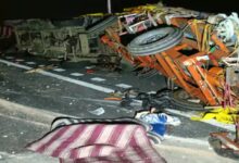 A truck rear-ended a pickup on the highway.