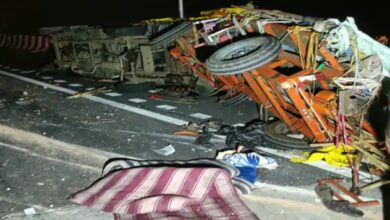 A truck rear-ended a pickup on the highway.