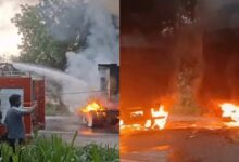 Collision between container truck and dumper on highway: Both vehicles caught fire; driver and cleaner burned alive.