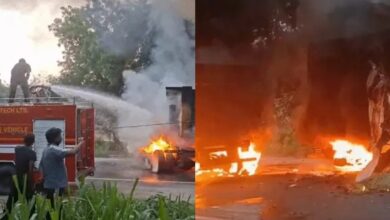Collision between container truck and dumper on highway: Both vehicles caught fire; driver and cleaner burned alive.
