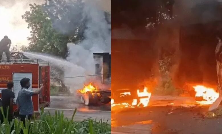 Collision between container truck and dumper on highway: Both vehicles caught fire; driver and cleaner burned alive.