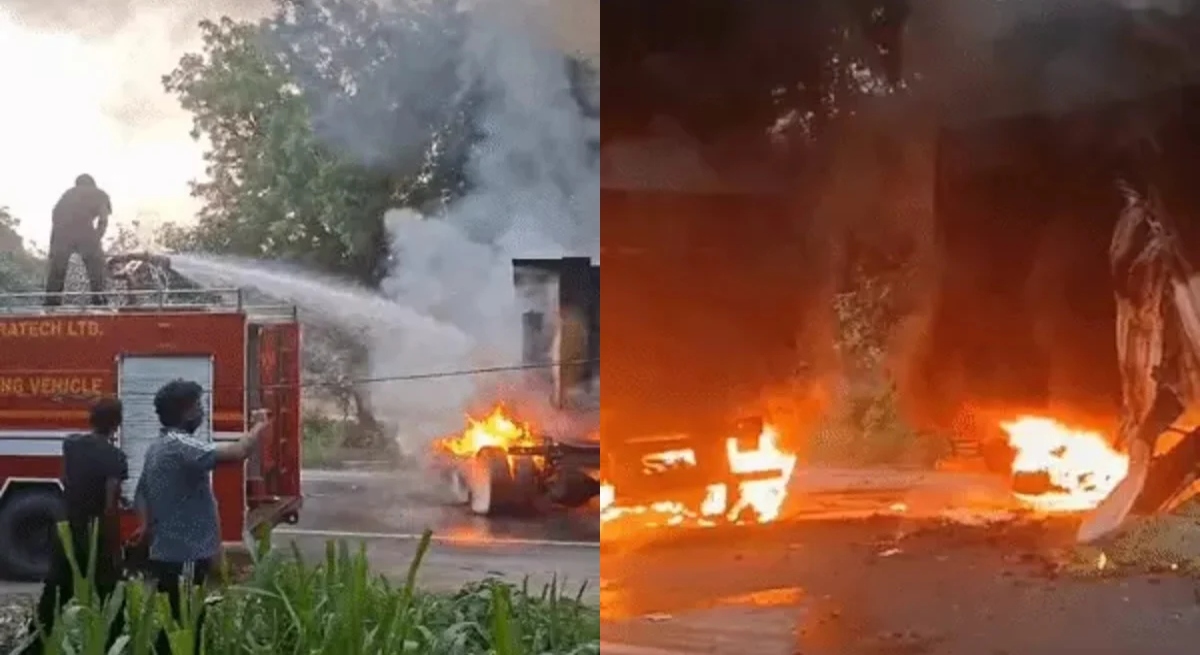 Collision between container truck and dumper on highway: Both vehicles caught fire; driver and cleaner burned alive.
