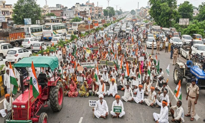 Farmers stage road blockade over six-point demands; NH-30 barricaded with tractors.