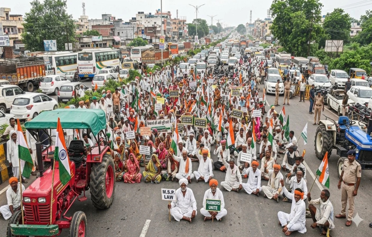 Farmers stage road blockade over six-point demands; NH-30 barricaded with tractors.