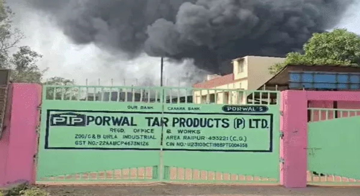 Massive fire at a tyre factory in Raipur; plumes of smoke fill the sky